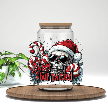 Sweet but Twisted UV DTF transfer on a clear glass can