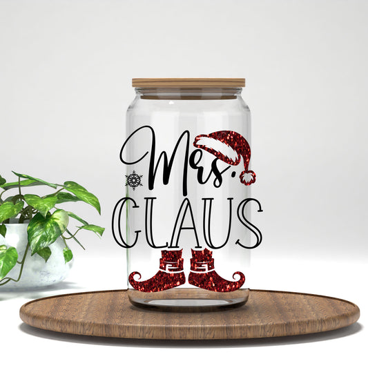 Mrs. Claus UV DTF transfer on a clear glass can
