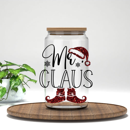Mr. Claus UV DTF transfer on a clear glass can