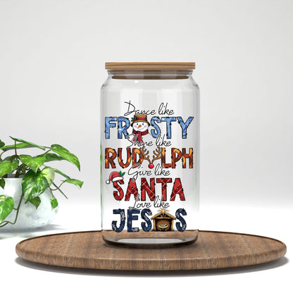 Dance Like Frosty nativity UV DTF transfer on a clear glass can