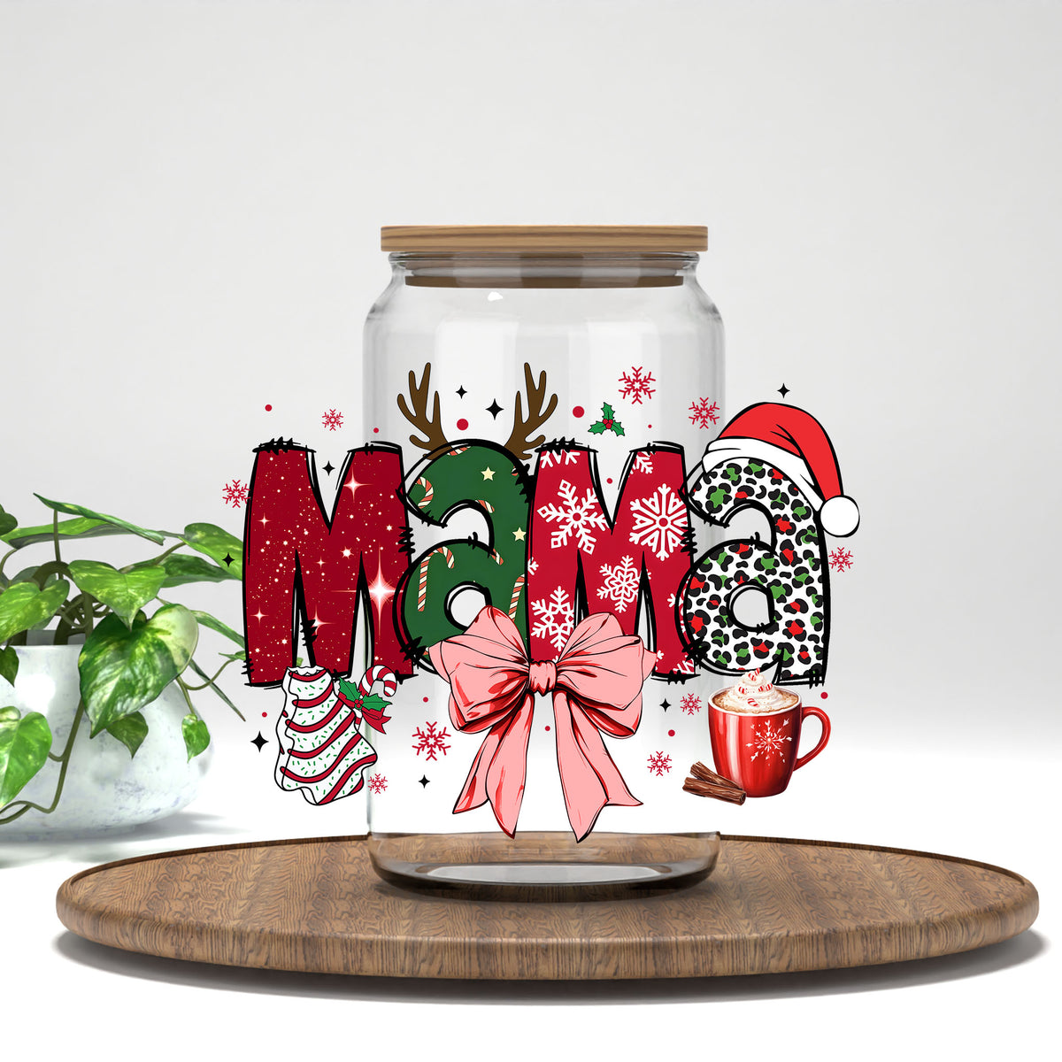 Christmas Mama UV DTF transfer on a clear glass can