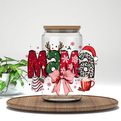 Christmas Mama UV DTF transfer on a clear glass can
