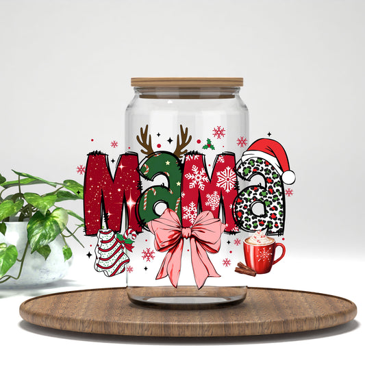 Christmas Mama UV DTF transfer on a clear glass can