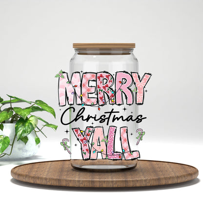 Merry Christmas Y'all UV DTF transfer on a clear glass can