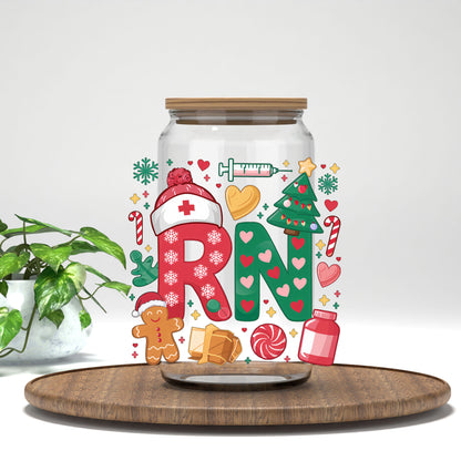RN Christmas Nurse UV DTF transfer on a clear glass can