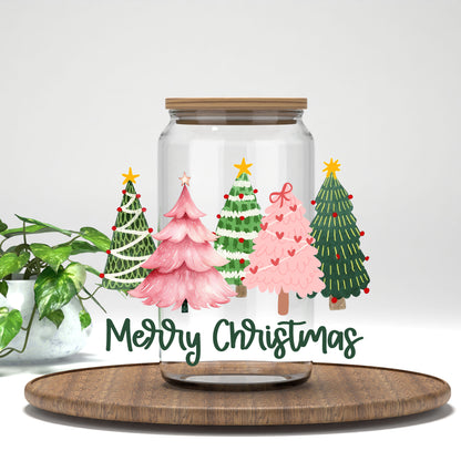 Merry Christmas Pink and Green Trees UV DTF transfer on a clear glass can