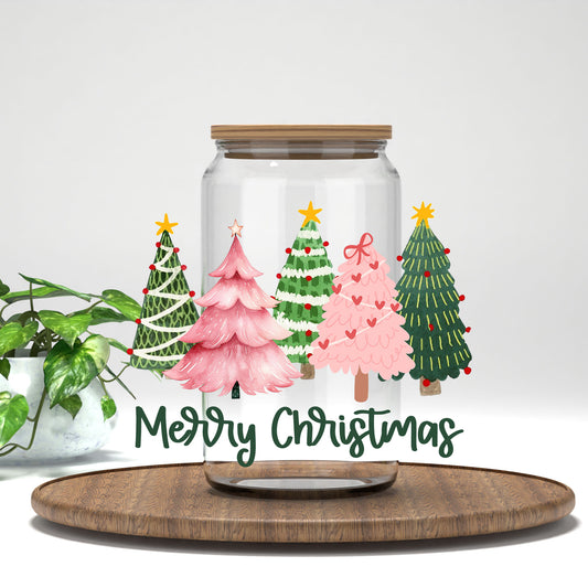 Merry Christmas Pink and Green Trees UV DTF transfer on a clear glass can