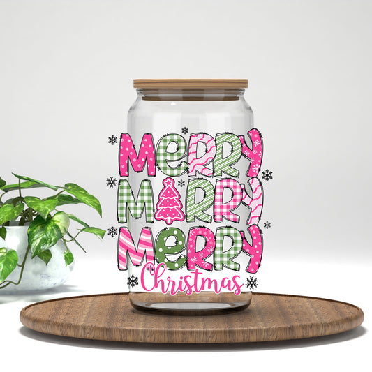 Merry Merry Merry Christmas UV DTF transfer on a clear glass can