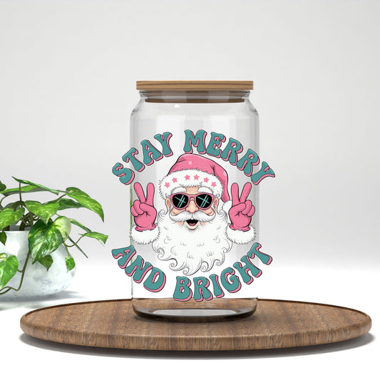 Stay Merry and Bright UV DTF transfer on a clear glass can
