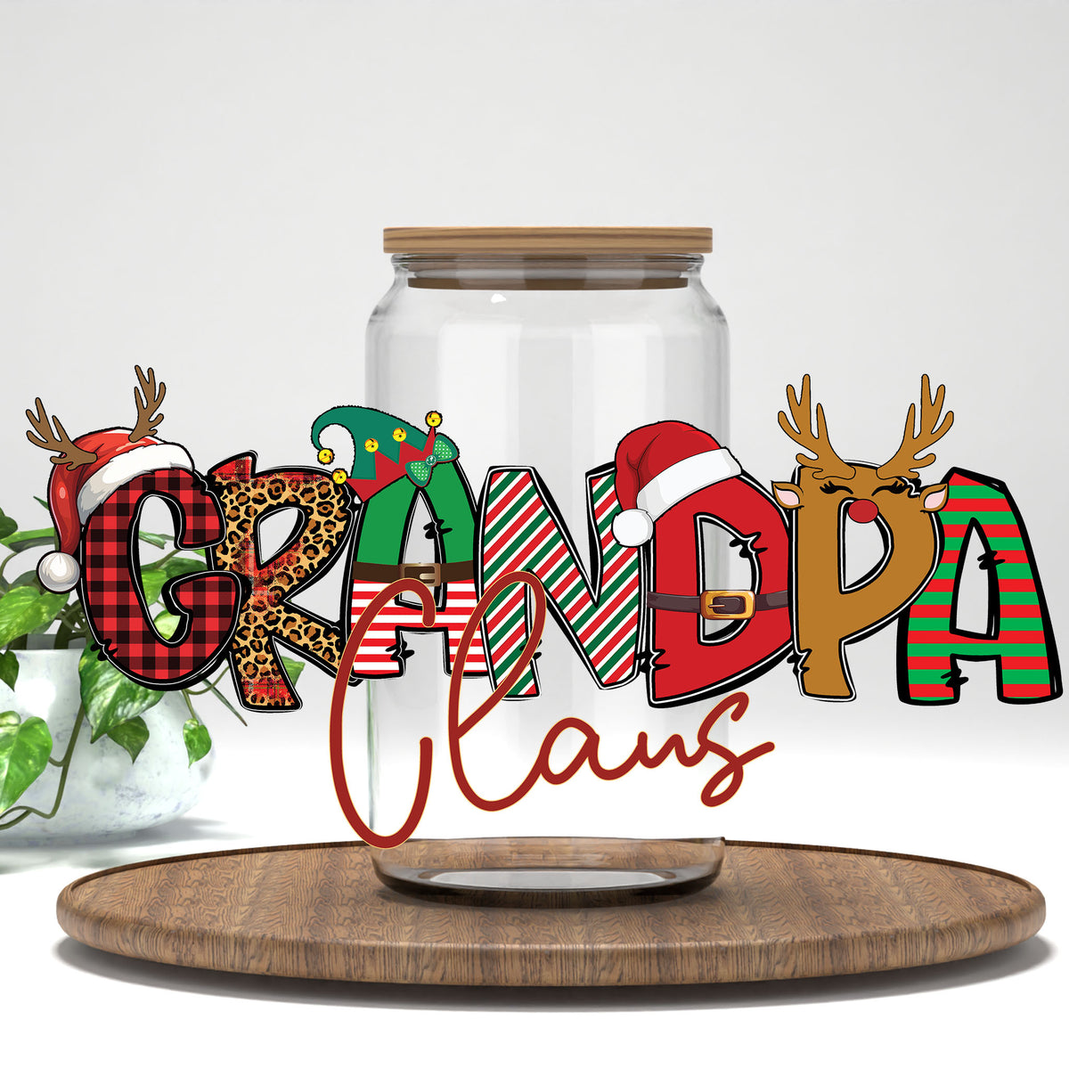 Grandpa Claus UV DTF transfer on a clear glass can