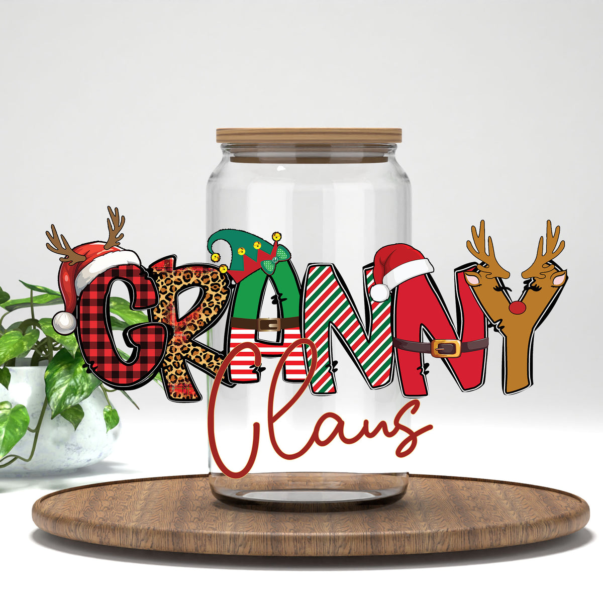 Granny Claus UV DTF transfer on a clear glass can