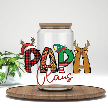 Papa Claus UV DTF transfer on a clear glass can