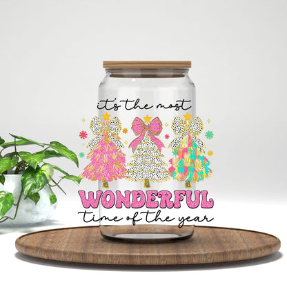 It's the Most Wonderful Time of the Year leopard trees and bow UV DTF transfer on a clear glass can