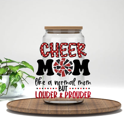 Cheer Mom red letters UV DTF transfer on a clear glass can