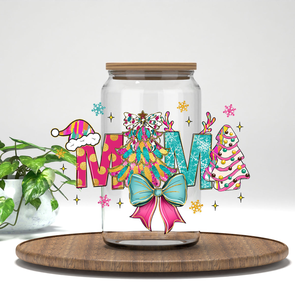 Mama Christmas UV DTF transfer on a clear glass can