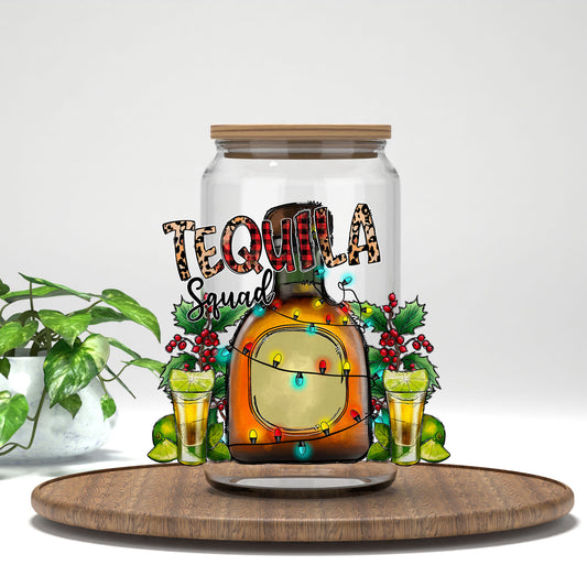 Tequila Squad UV DTF transfer on a clear glass can