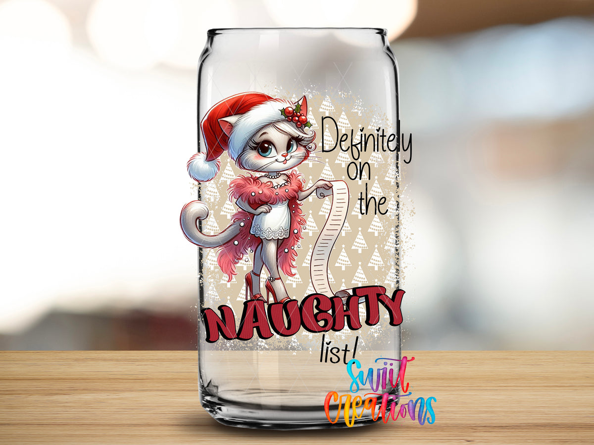 Close-up of the Definitely on the Naughty List UV DTF transfer on a clear glass can