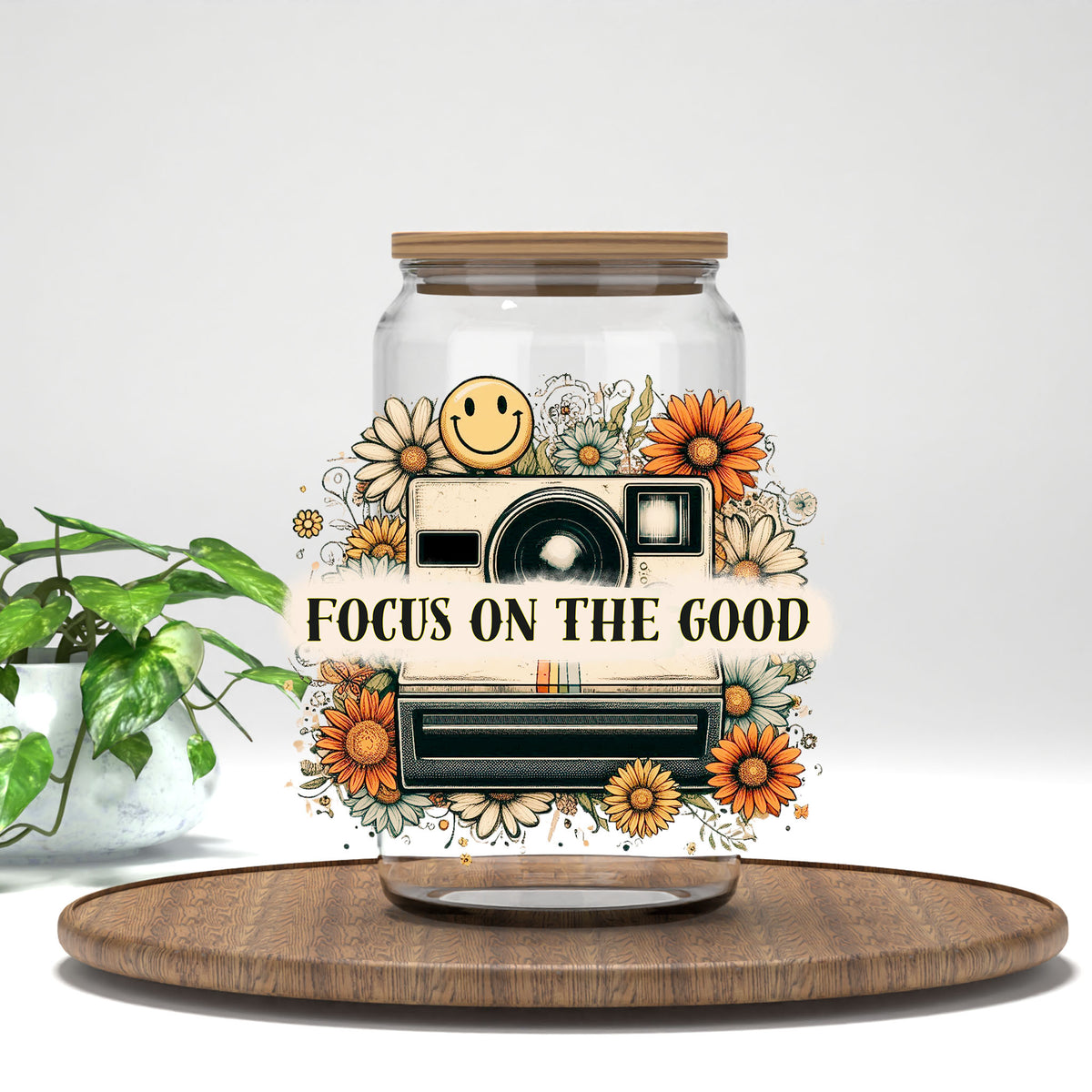 Focus on the Good UV DTF transfer on a clear glass can