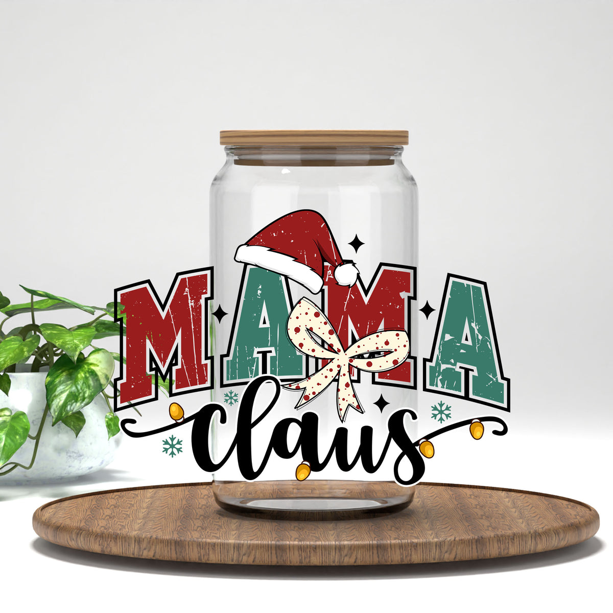 Mama Claus UV DTF transfer on a clear glass can