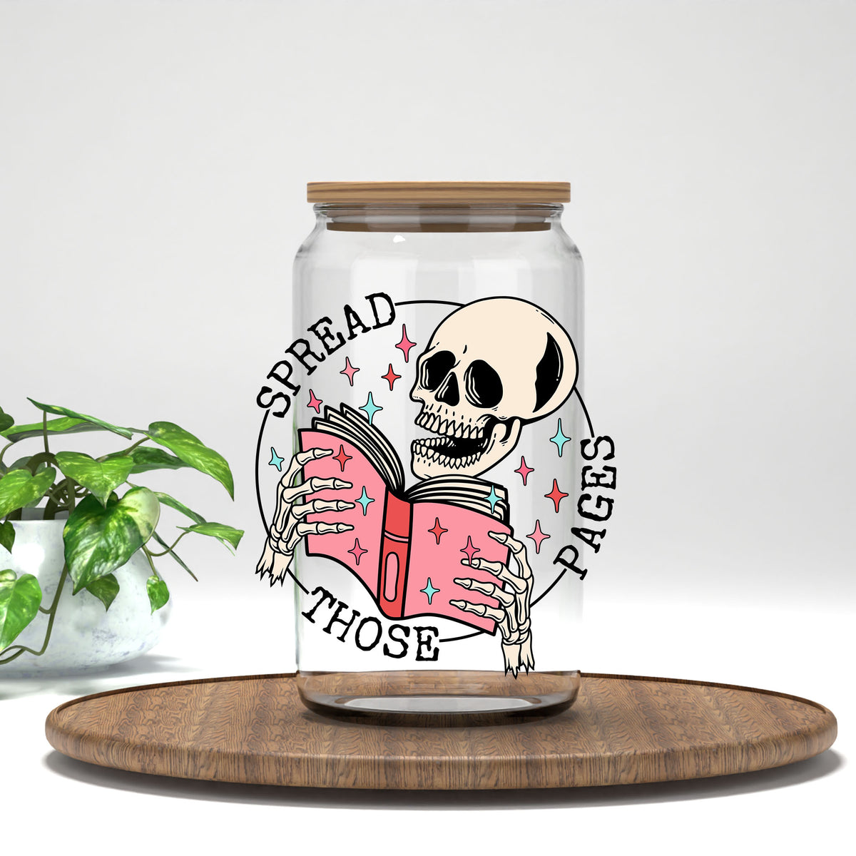 Spread Those Pages UV DTF transfer on a clear glass can