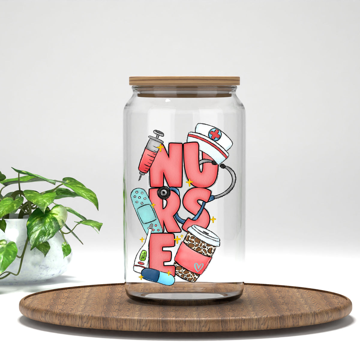 Nurse pink nurse gear UV DTF transfer on a clear glass can