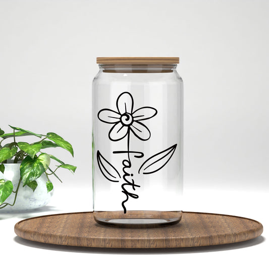 Faith UV DTF transfer on a clear glass can
