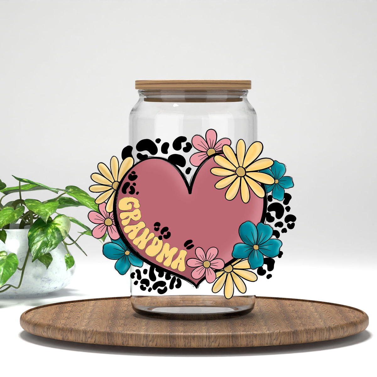 Grandma floral heart UV DTF transfer on a clear glass can