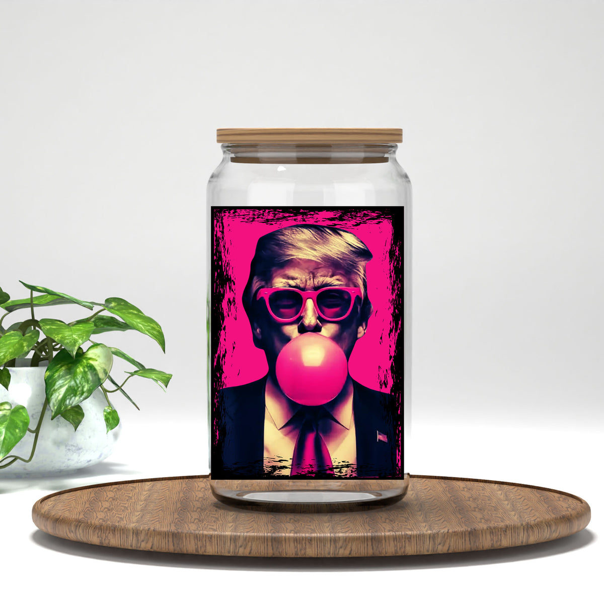 Trump Bubble Gum UV DTF transfer on a clear glass can