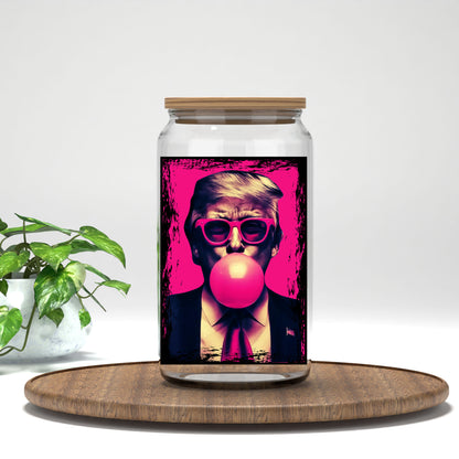 Trump Bubble Gum UV DTF transfer on a clear glass can