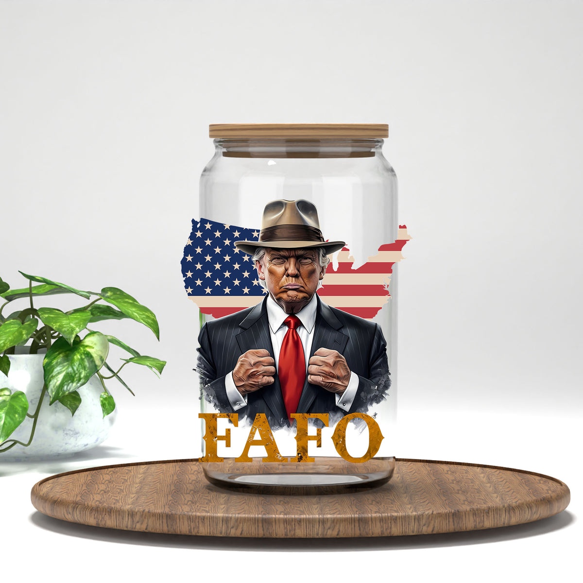 FAFO Trump UV DTF transfer on a clear glass can