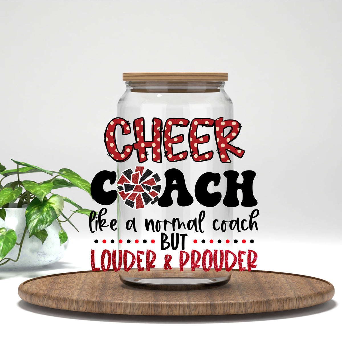 Cheer Coach UV DTF transfer on a clear glass can