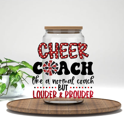 Cheer Coach UV DTF transfer on a clear glass can