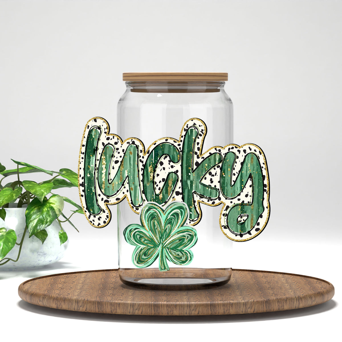 Lucky UV DTF transfer on a clear glass can