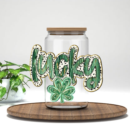 Lucky UV DTF transfer on a clear glass can
