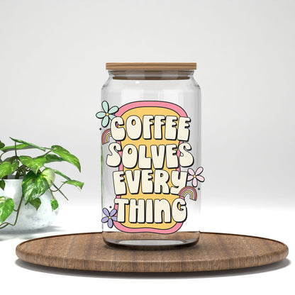 Coffee Solves Everything UV DTF transfer on a clear glass can