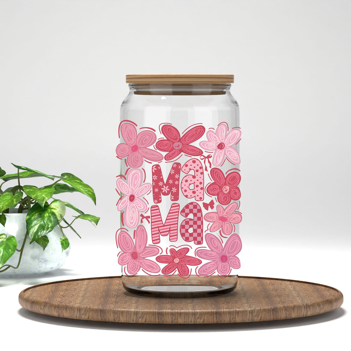Mama pink coquette flowers UV DTF transfer on a clear glass can