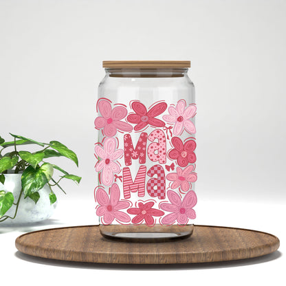 Mama pink coquette flowers UV DTF transfer on a clear glass can