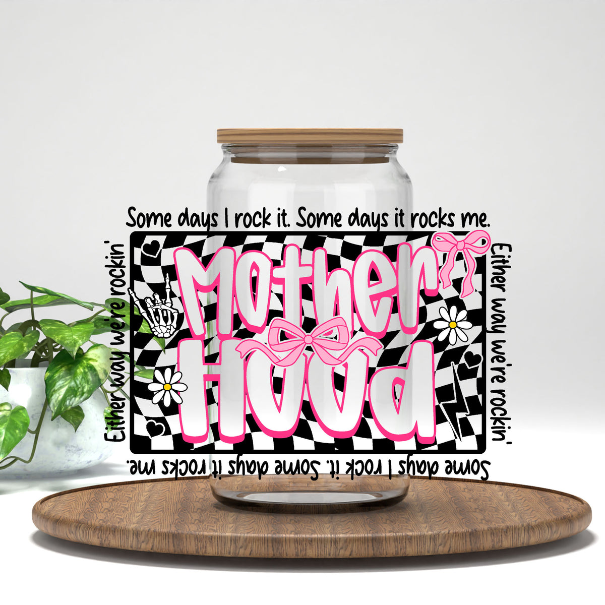 Motherhood UV DTF transfer on a clear glass can