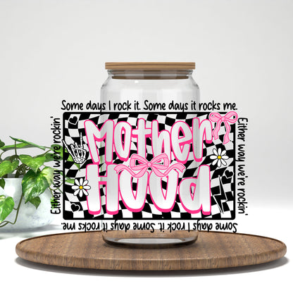 Motherhood UV DTF transfer on a clear glass can
