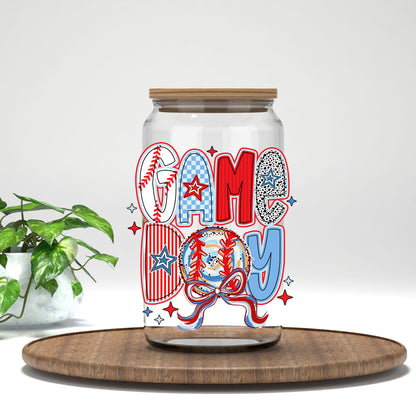 Game Day red, white, and blue baseball UV DTF transfer on a clear glass can