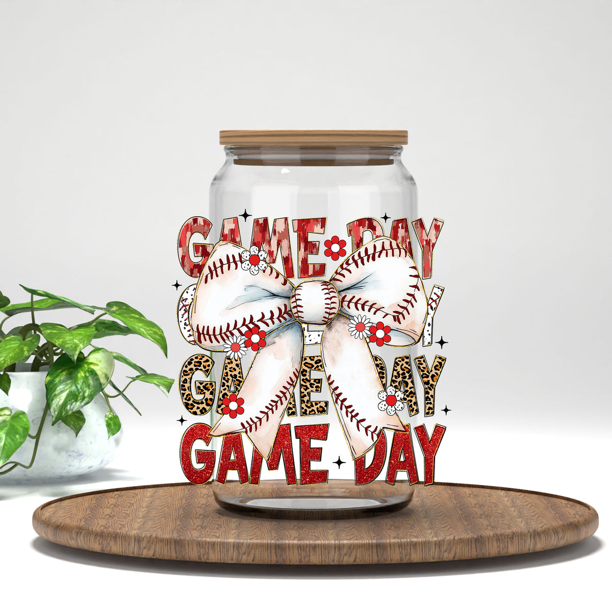 Game Day baseball bow UV DTF transfer on a clear glass can