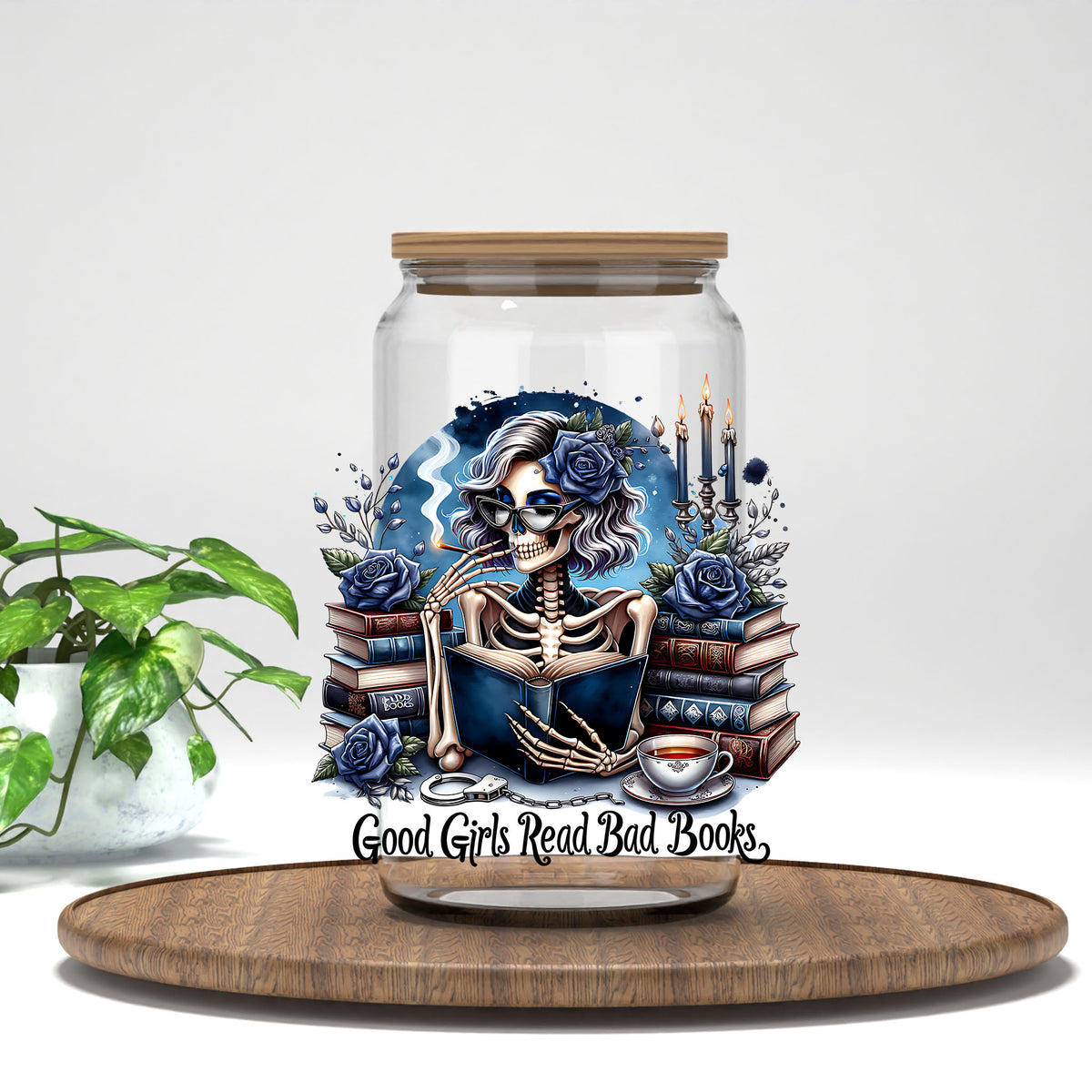 Good Girls Read Bad Books UV DTF transfer on a clear glass can
