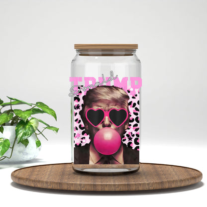 Trump Bubble Gum leopard portrait UV DTF transfer on a clear glass can