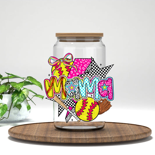 Softball Mama pink bow and softballs UV DTF transfer on a clear glass can