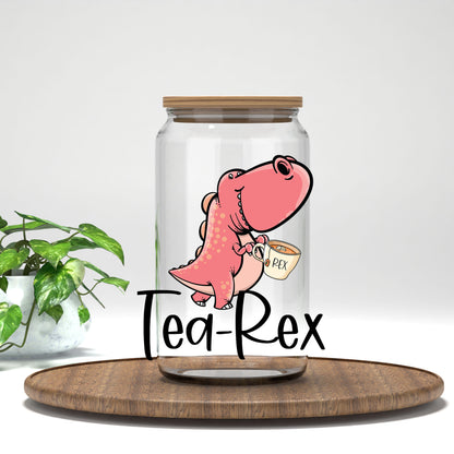 Tea-Rex UV DTF transfer on a clear glass can