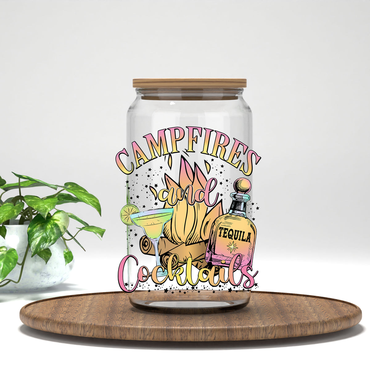 Campfires and Cocktails UV DTF transfer on a clear glass can