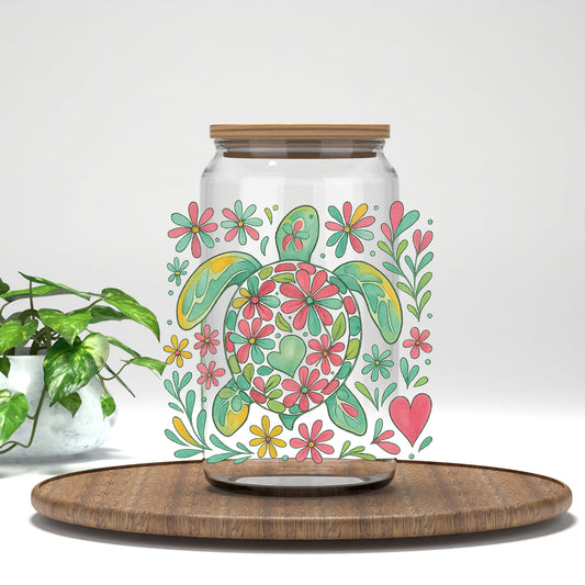 Floral Sea Turtle UV DTF transfer on a clear glass can