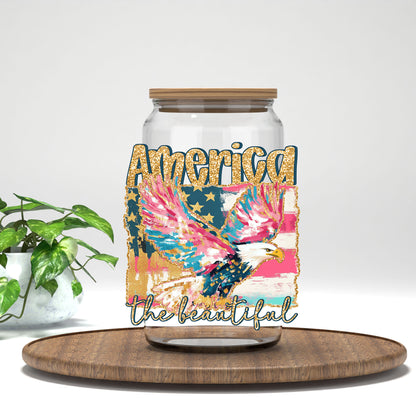 America the Beautiful UV DTF transfer on a clear glass can