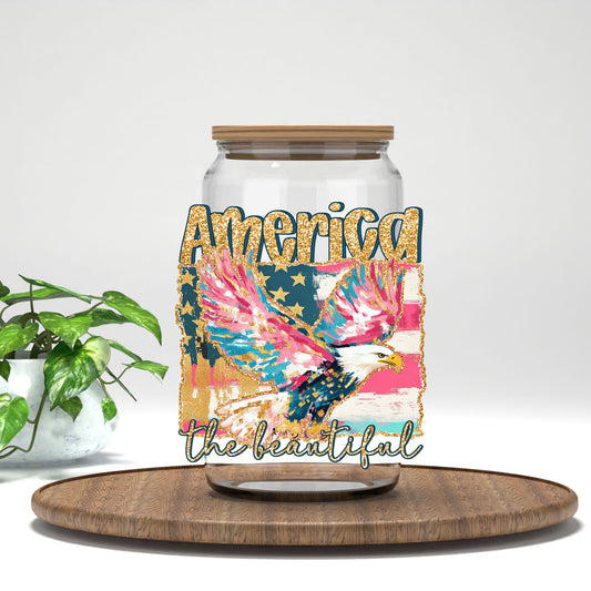America the Beautiful UV DTF transfer on a clear glass can