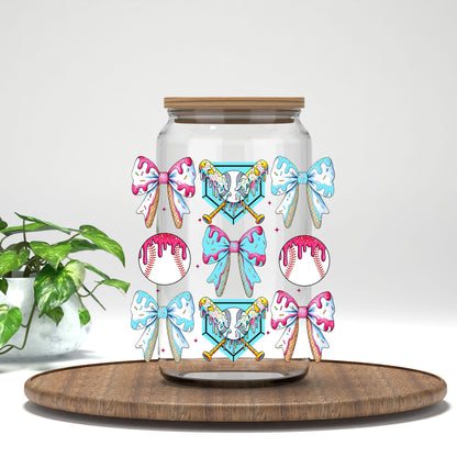 Baseball Coquette UV DTF transfer on a clear glass can